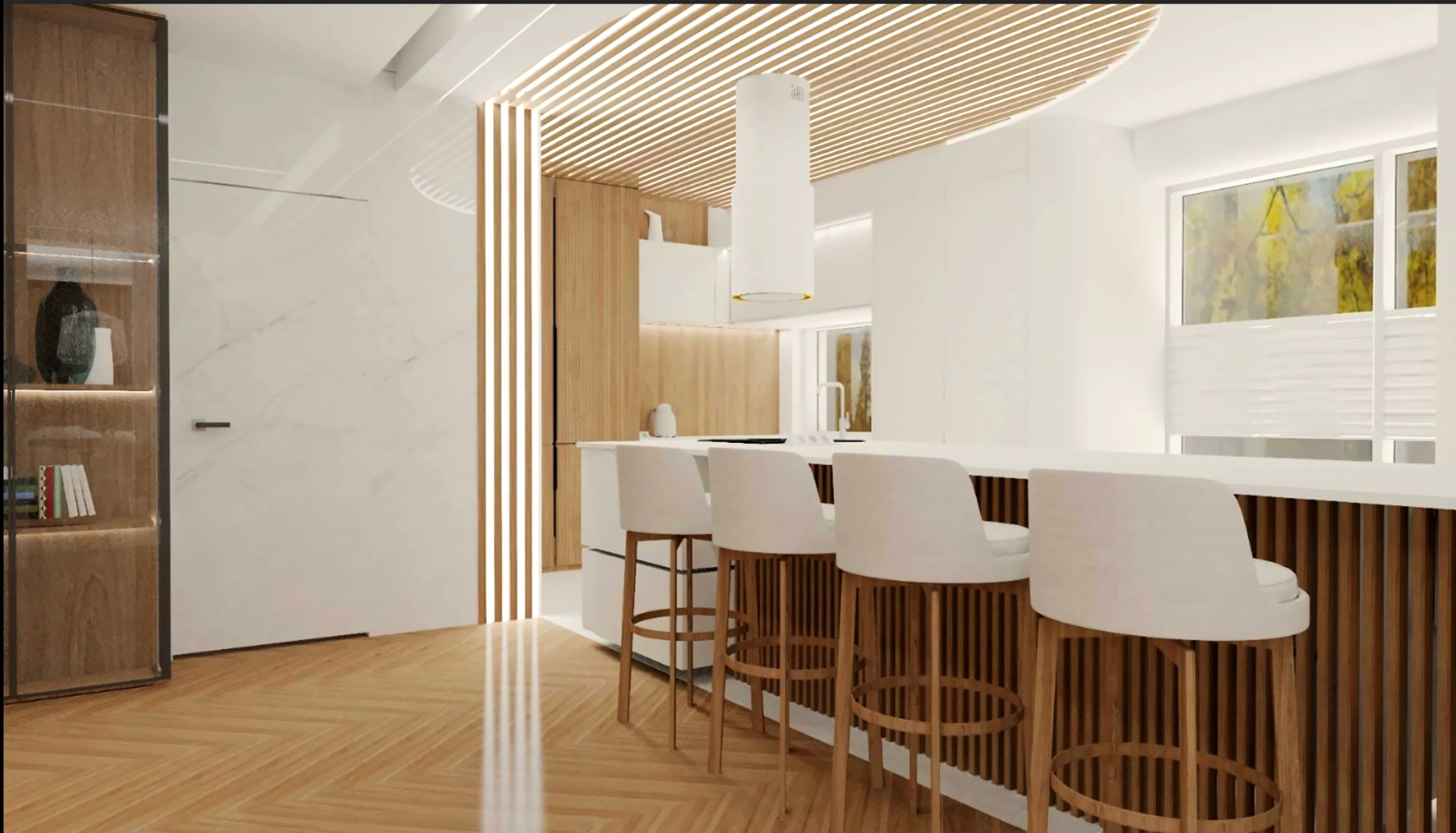 Jasna kuchnia z drewnianymi akcentami: podłoga w jodełkę, lamele na suficie i wyspa z hokerami. Minimalistyczny design, naturalne światło z okna.