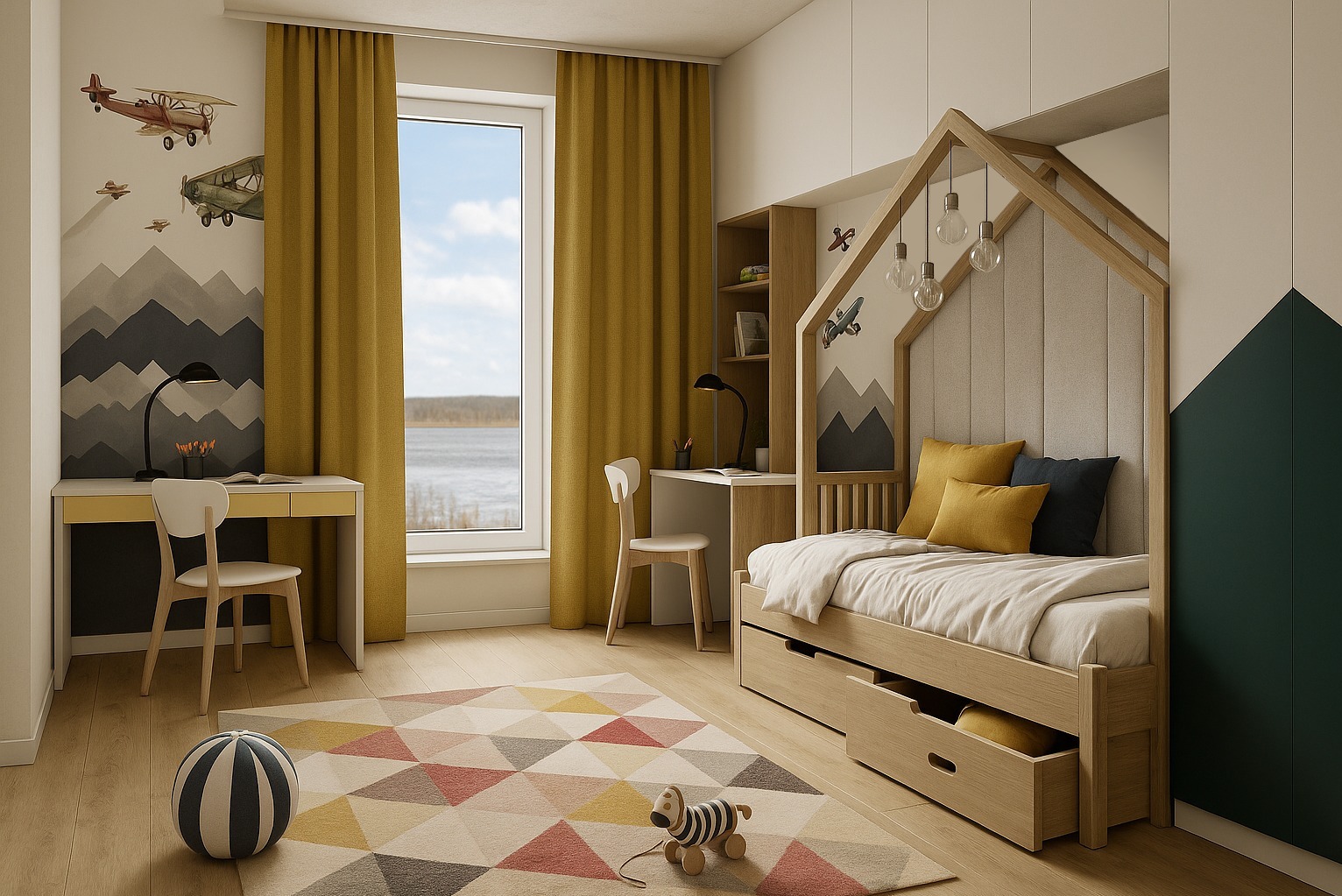 Pokój dziecięcy w stylu skandynawskim: drewniane biurko, łóżko w kształcie domku z szufladami, dywan w geometryczne wzory i dekoracje z motywem samolotów.