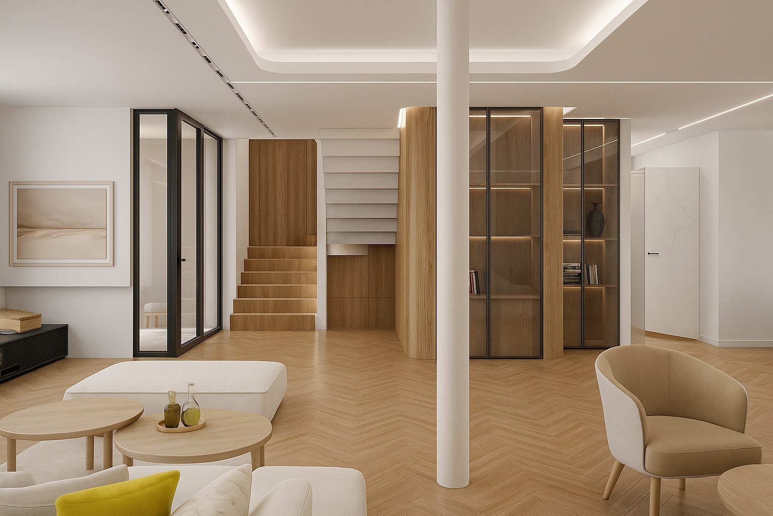 Jasne, przestronne wnętrze z drewnianą podłogą w jodełkę, schodami i regałami. Minimalistyczny design z akcentami beżu i bieli. Nowoczesne oświetlenie sufitowe.