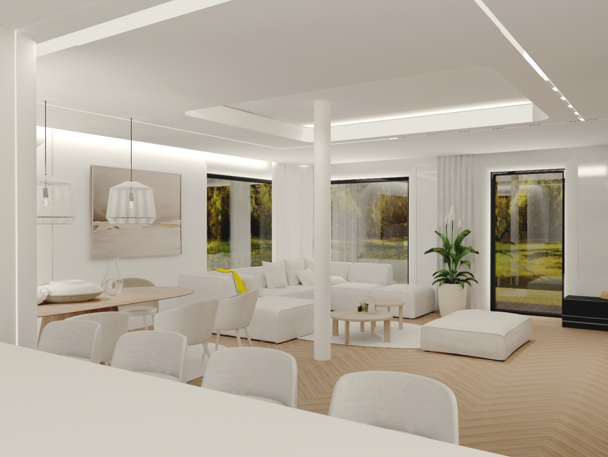 Jasne, przestronne wnętrze z białymi meblami i drewnianą podłogą w jodełkę. Duże okna z widokiem na zieleń. Minimalistyczny design z lampami wiszącymi i abstrakcyjnym obrazem.