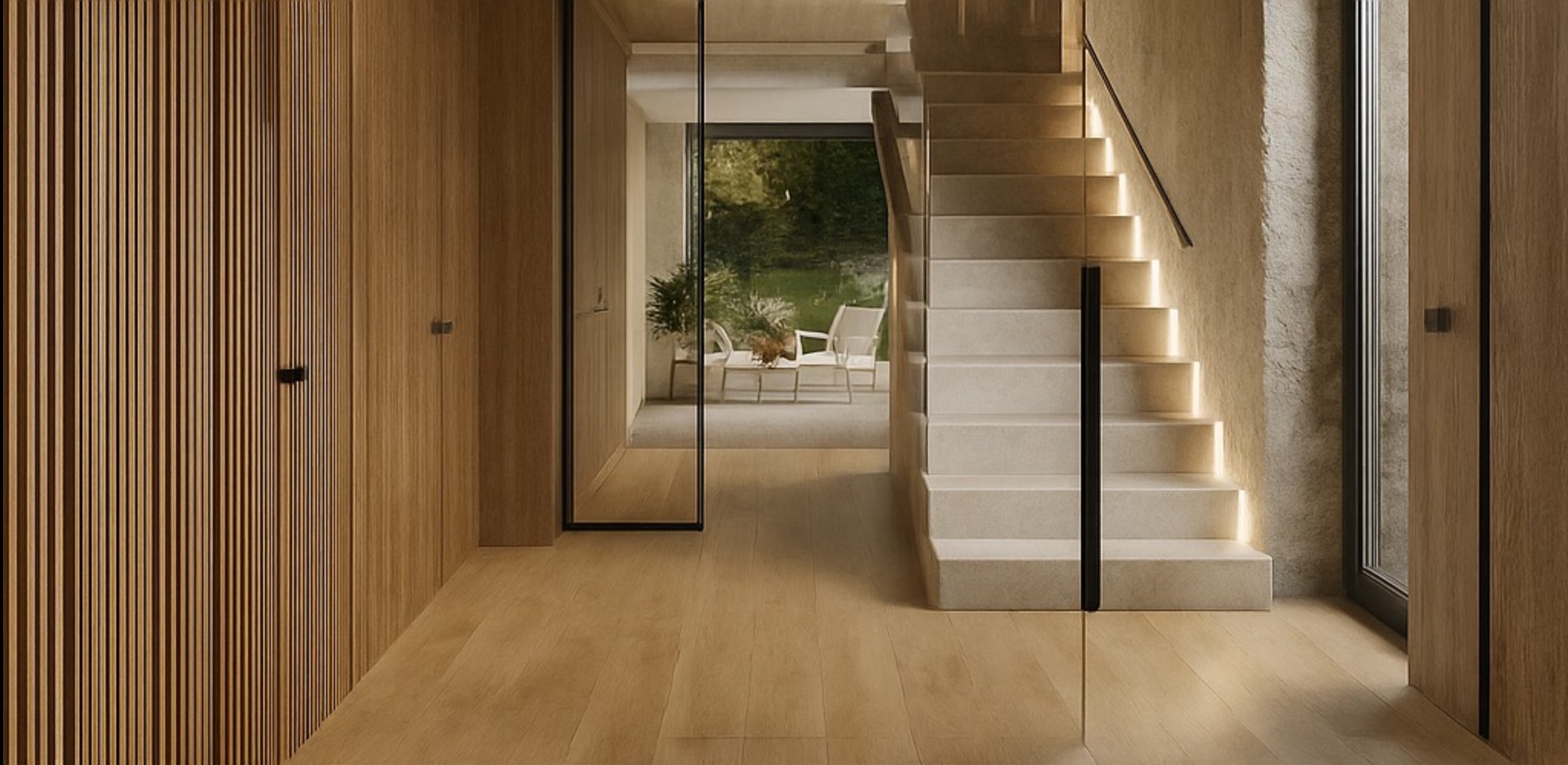 Nowoczesne wnętrze domu: drewniana boazeria, schody z podświetleniem LED, szklana ściana z widokiem na ogród. Minimalistyczny design, ciepłe oświetlenie.
