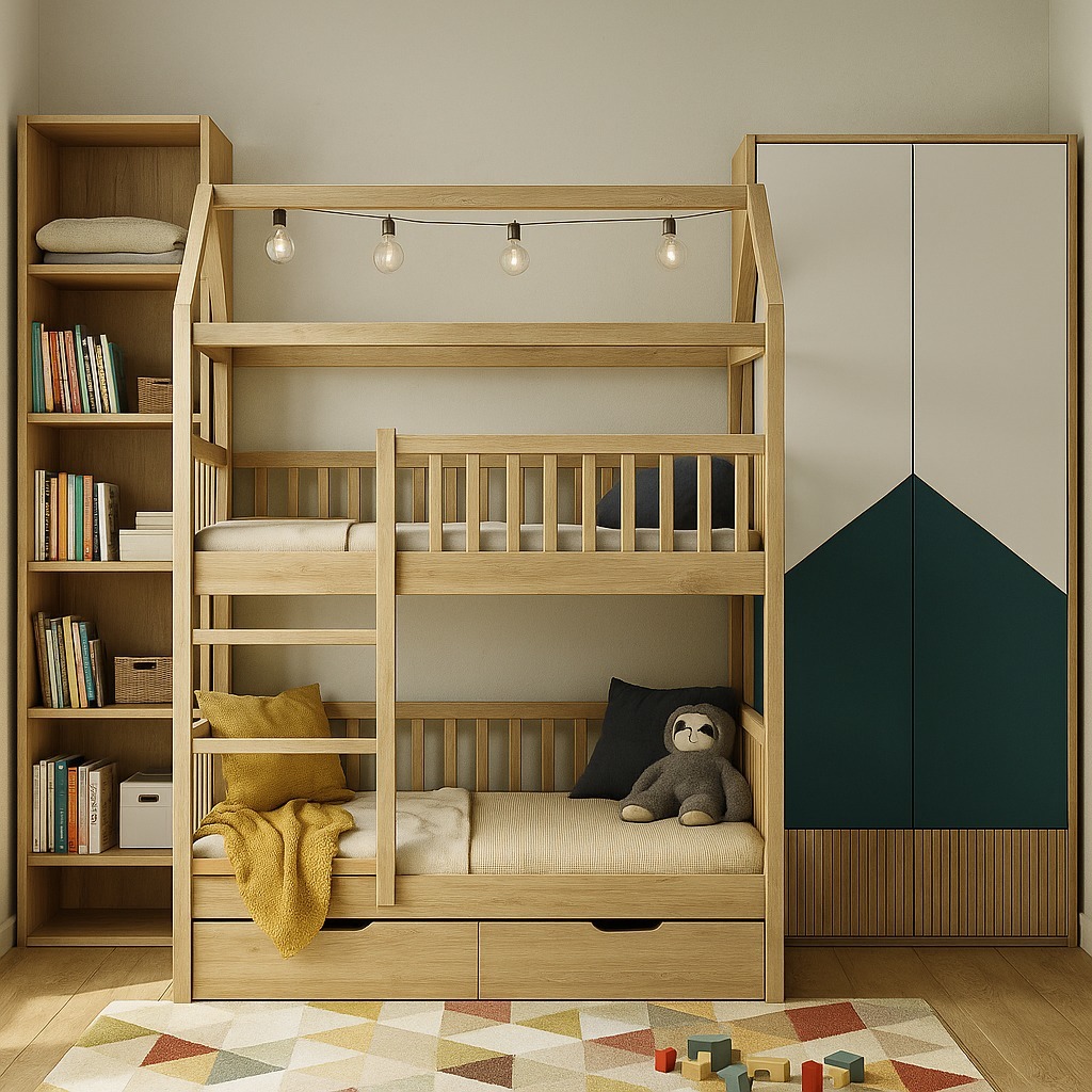 Pokój dziecięcy z drewnianym łóżkiem piętrowym w kształcie domku, regałem z książkami i szafą z geometrycznym wzorem. Na podłodze kolorowy dywan i drewniane klocki.