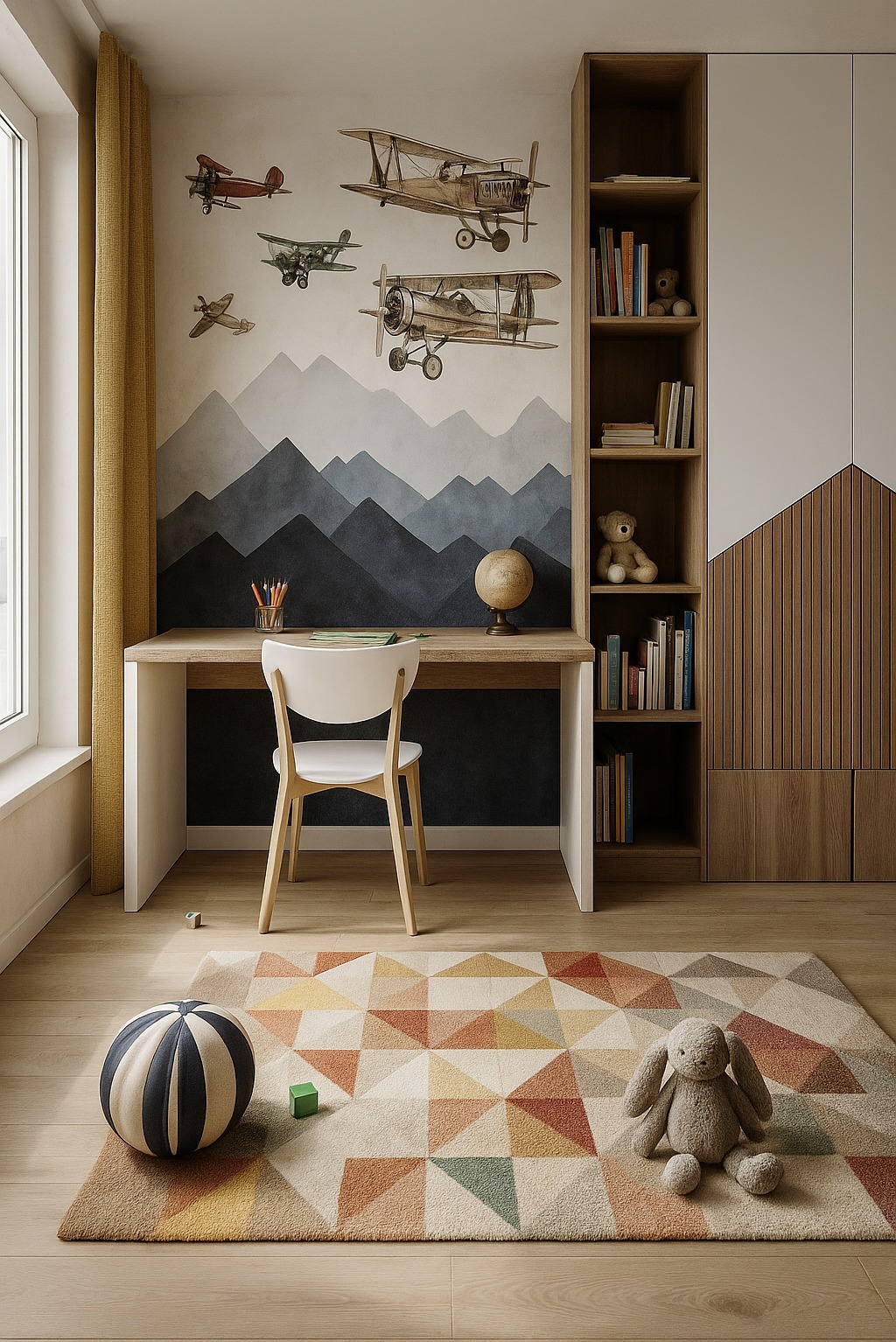 Pokój dziecięcy z biurkiem, krzesłem i regałem. Na ścianie tapeta z motywem gór i samolotów. Na podłodze dywan w geometryczne wzory i zabawki.
