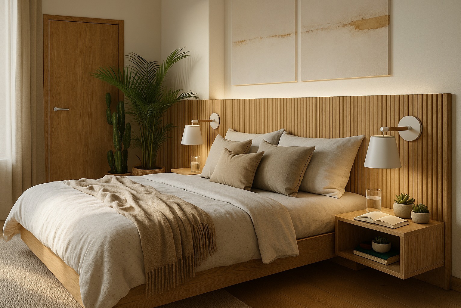 Jasna sypialnia z drewnianym zagłówkiem, lampkami nocnymi i roślinami. Minimalistyczny design, beżowa kolorystyka, naturalne materiały. Przytulne wnętrze.