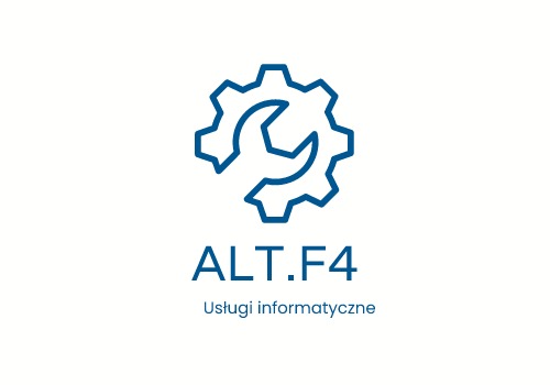 Logo firmy ALT.F4 Usługi informatyczne, przedstawiające klucz wewnątrz zębatki, w kolorze niebieskim, na białym tle.