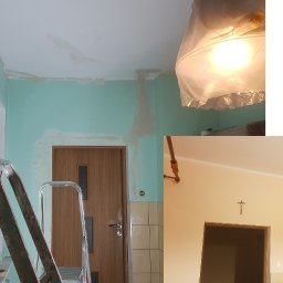 BJB Kamińscy Sp. Z O.O. - Pokój w trakcie malowania na turkusowo, widoczne ślady szpachlowania, drabina i zabezpieczona lampa. W tle fragment kuchni po remoncie, pomalowanej na beżowo.
