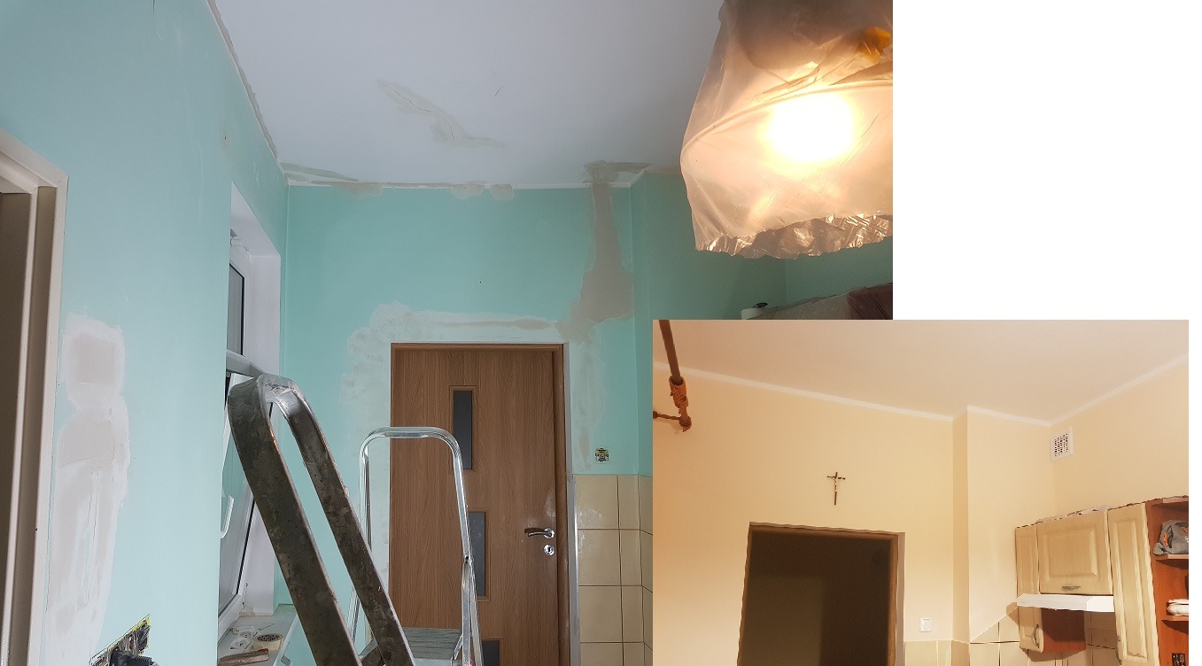 Pokój w trakcie malowania na turkusowo, widoczne ślady szpachlowania, drabina i zabezpieczona lampa. W tle fragment kuchni po remoncie, pomalowanej na beżowo.
