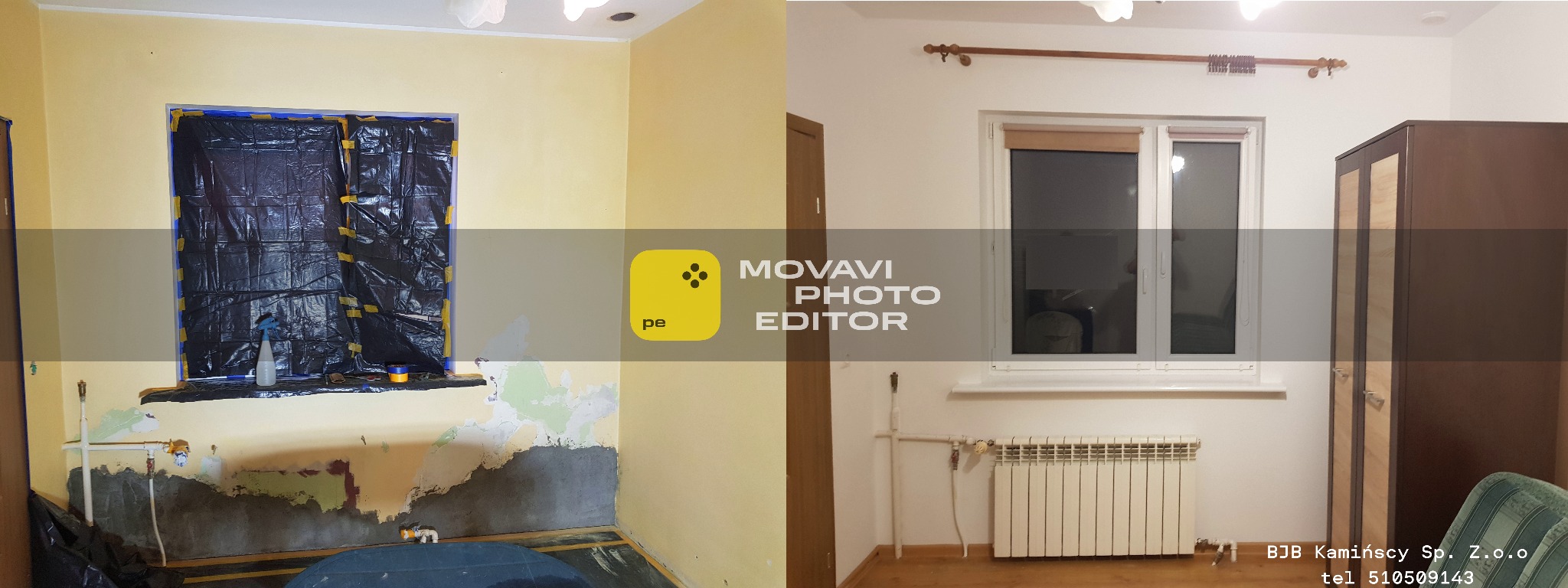 Zdjęcie 'przed i po' remontu pokoju: ściany przygotowane do malowania z zakrytym oknem i odnowione wnętrze z grzejnikiem, oknem i szafą.