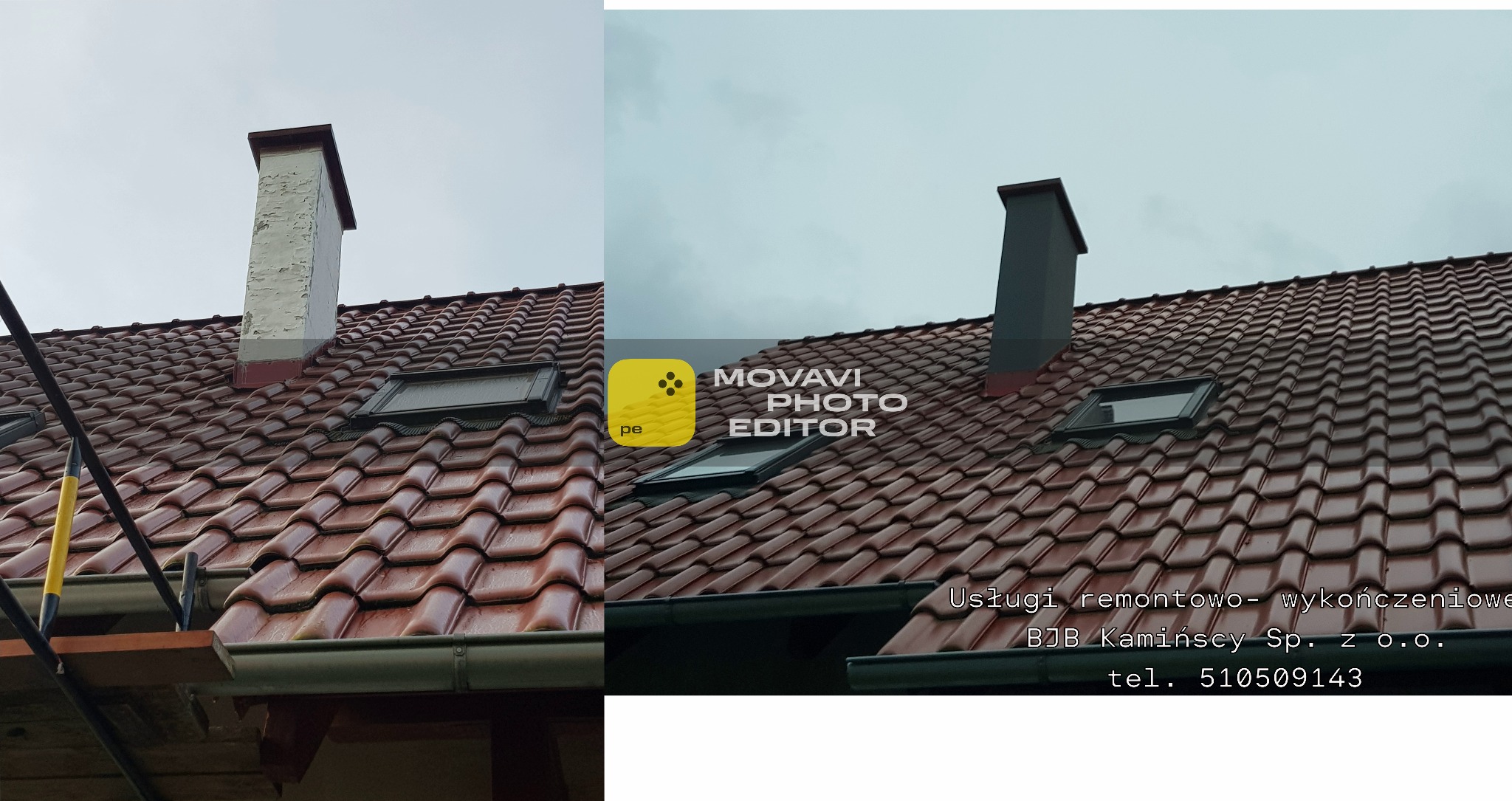 Porównanie stanu komina przed i po renowacji na dachu z dachówką ceramiczną. Po lewej komin przed, z łuszczącą się farbą, po prawej odnowiony, pomalowany na szaro.