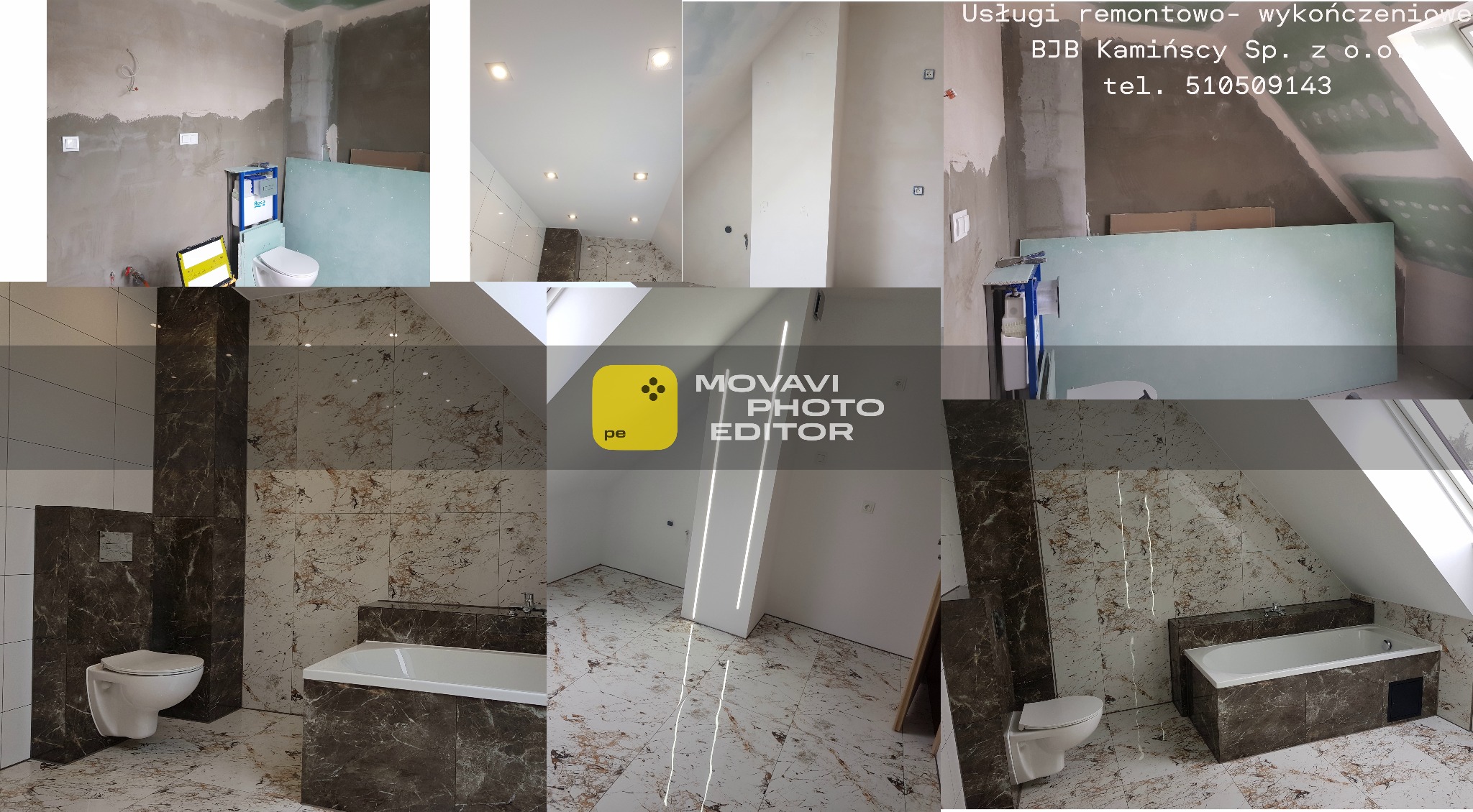 Mozaika zdjęć łazienki w trakcie i po remoncie: surowe ściany z instalacją, wykończone płytki imitujące marmur, wanna i toaleta. Widoczne skosy dachu.