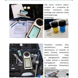 AQUA POLAND SPÓŁKA Z OGRANICZONĄ ODPOWIEDZIALNOŚCIĄ - Zestaw laboratoryjny do analizy wody, otwarty futerał z różnymi urządzeniami pomiarowymi, odczynnikami i instrukcjami, w tle próbki wody zabarwione na żółto i niebiesko.