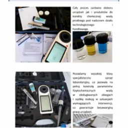 Zestaw laboratoryjny do analizy wody, otwarty futerał z różnymi urządzeniami pomiarowymi, odczynnikami i instrukcjami, w tle próbki wody zabarwione na żółto i niebiesko.