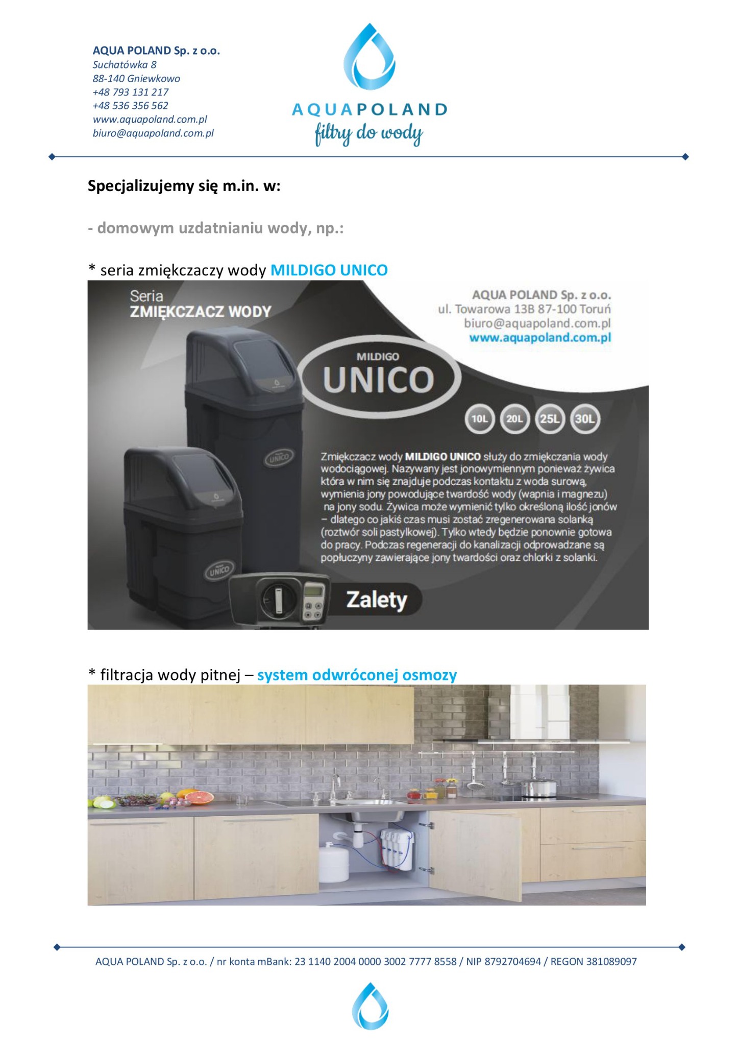 Ulotka reklamowa firmy Aqua Poland prezentująca zmiękczacze wody Mildigo Unico oraz system filtracji wody pitnej odwróconej osmozy, z logo firmy w tle.