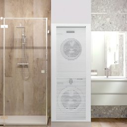 MM-Studio Projektowanie Wnętrz Marcin Martela - Nowoczesna łazienka z kabiną prysznicową typu walk-in, drewnopodobnymi płytkami i zabudową z pralką i suszarką ukrytą za lamelami. Minimalistyczny design.