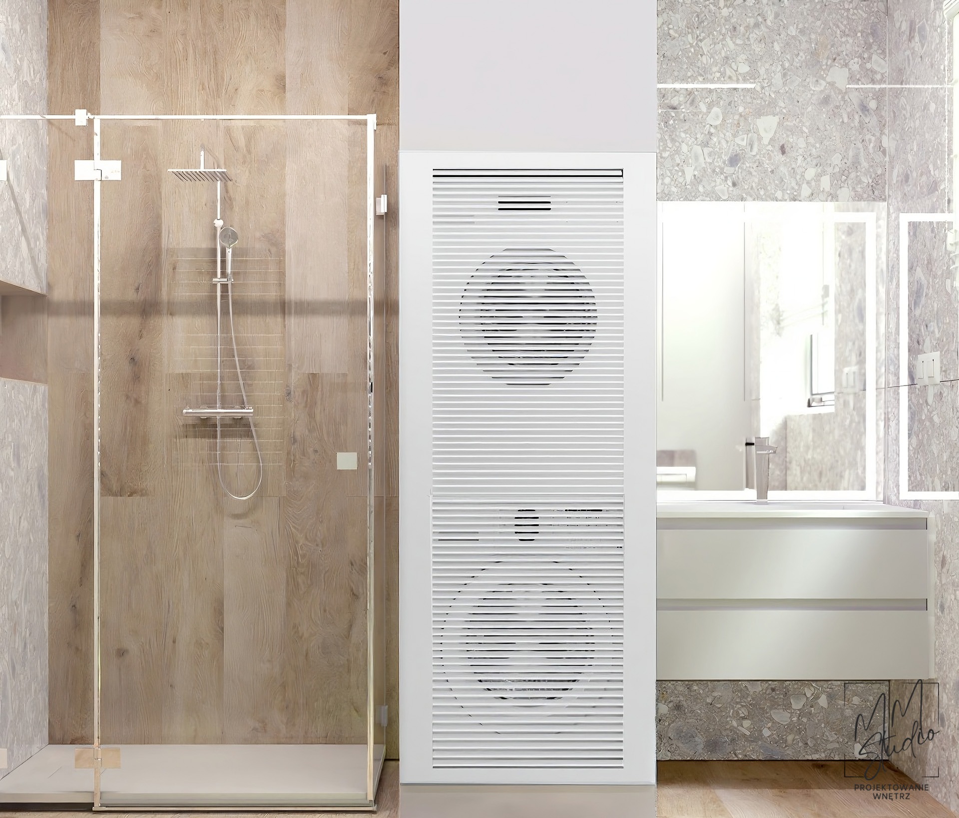 Nowoczesna łazienka z kabiną prysznicową typu walk-in, drewnopodobnymi płytkami i zabudową z pralką i suszarką ukrytą za lamelami. Minimalistyczny design.