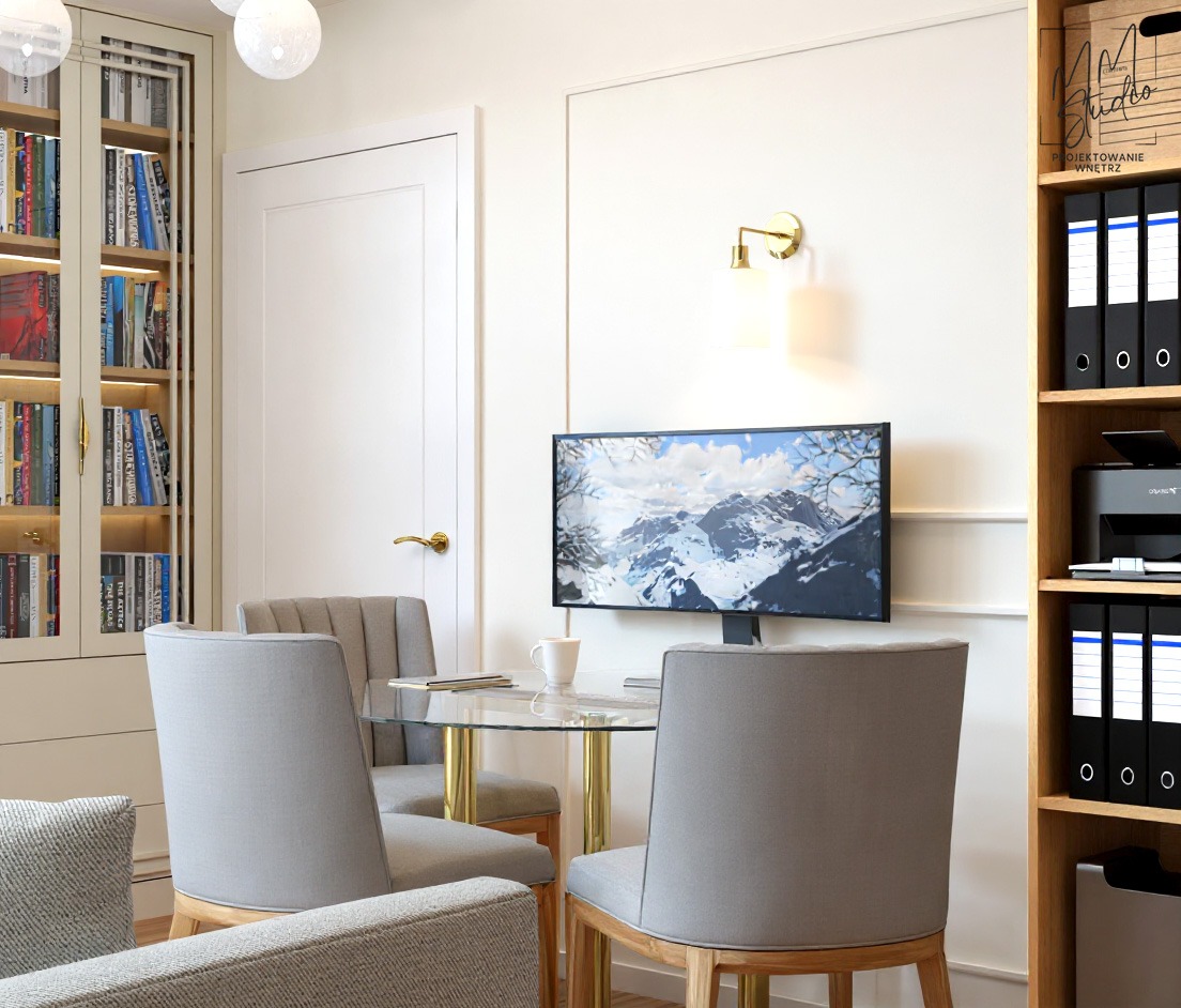 Nowoczesny pokój z szarą tapicerką krzeseł przy szklanym stole, na ścianie telewizor z górskim krajobrazem i lampa, obok regał z segregatorami i książkami.