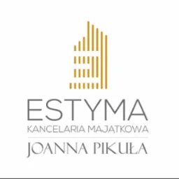 Logo firmy 'ESTYMA KANCELARIA MAJĄTKOWA Joanna Pikuła' z abstrakcyjnym symbolem budynku w kolorze złotym.