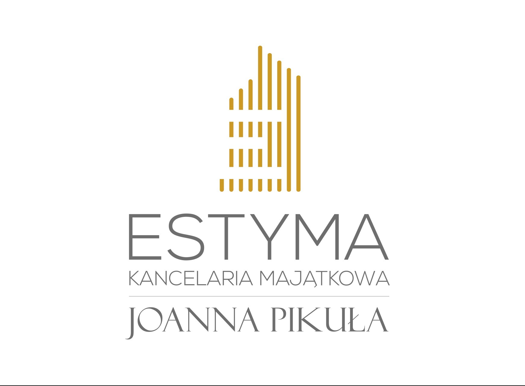 Logo firmy 'ESTYMA KANCELARIA MAJĄTKOWA Joanna Pikuła' z abstrakcyjnym symbolem budynku w kolorze złotym.