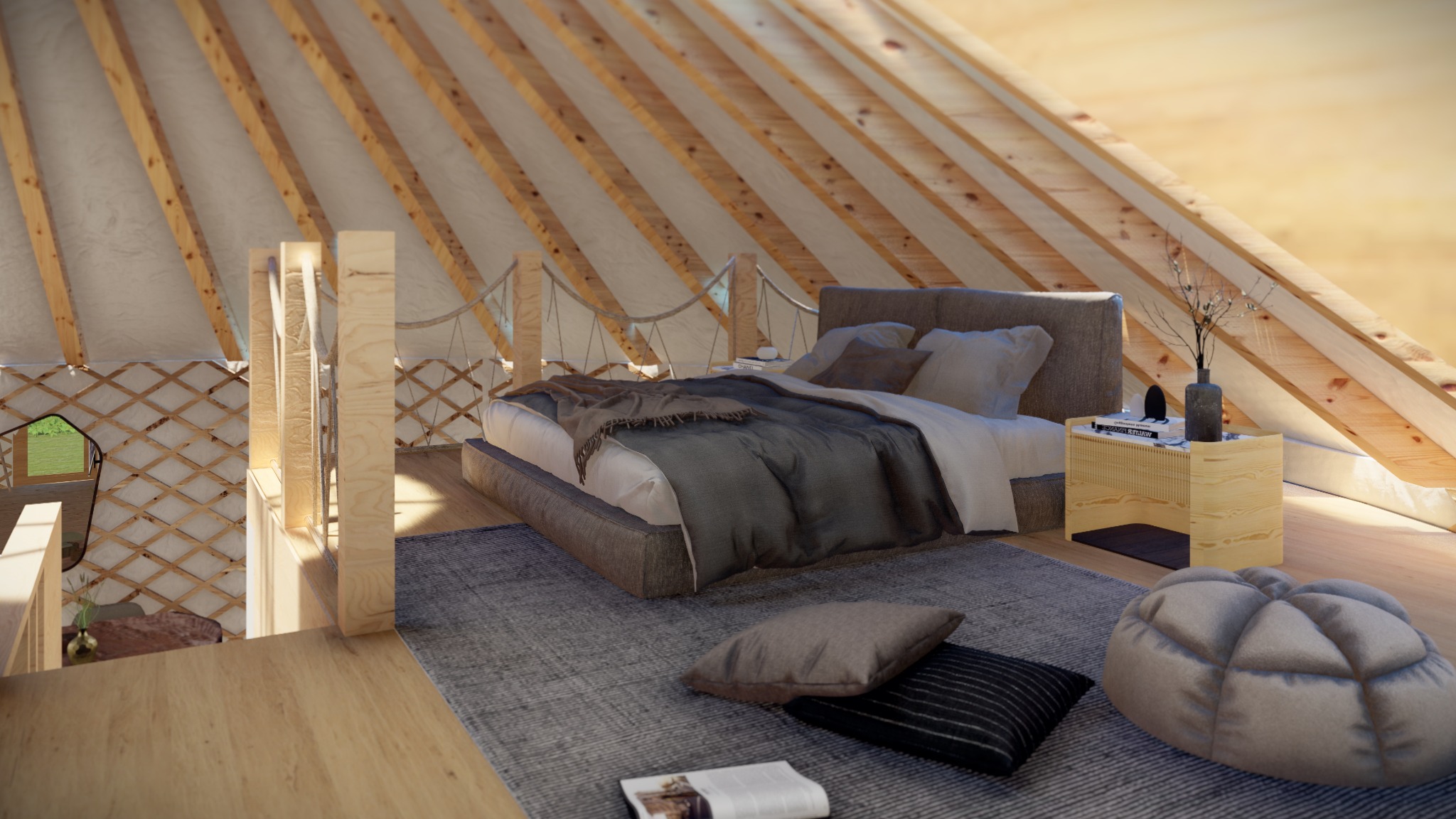 Wnętrze jurty z drewnianą konstrukcją dachu, dwupoziomowe z sypialnią na antresoli, szary dywan i puf, minimalistyczny wystrój.