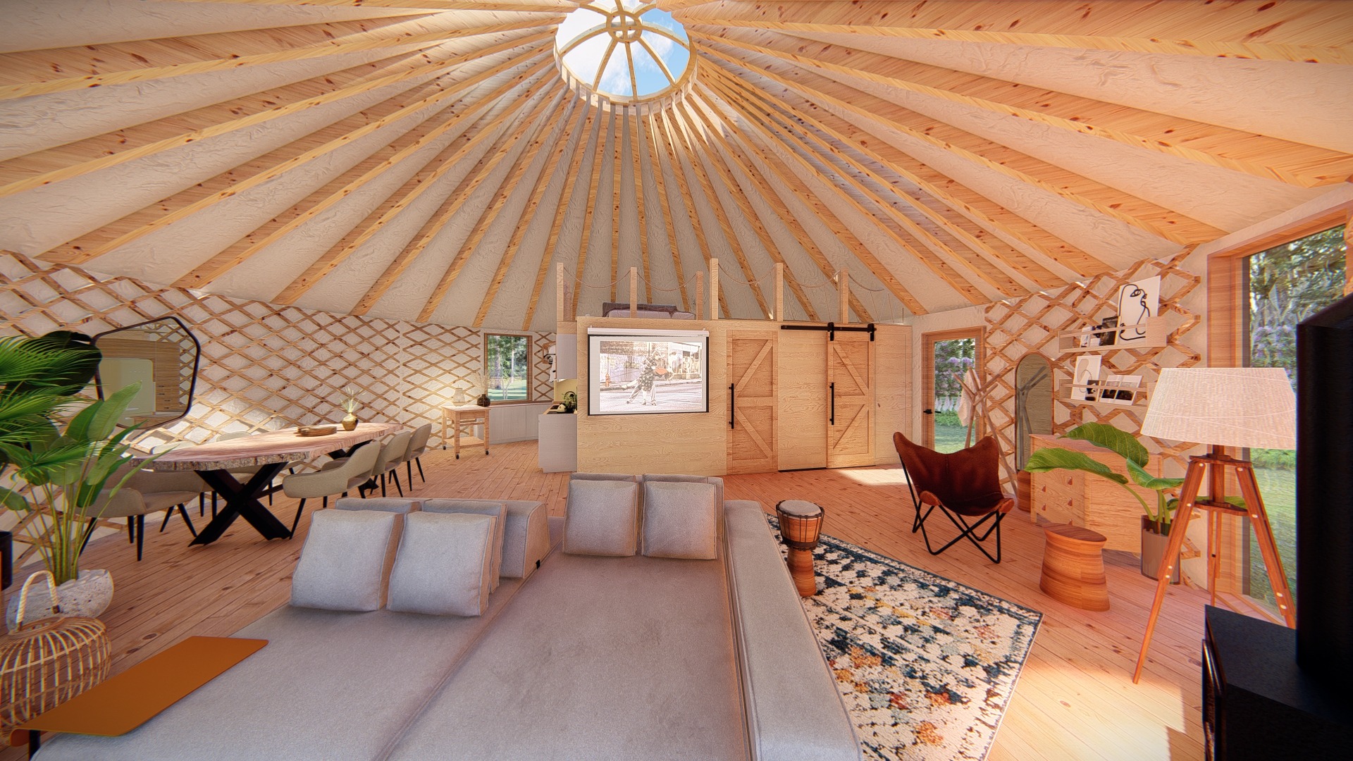 Wnętrze jurty z drewnianą konstrukcją dachu i okrągłym świetlikiem, widoczny salon z sofą, stół z krzesłami oraz drewniane drzwi przesuwne.