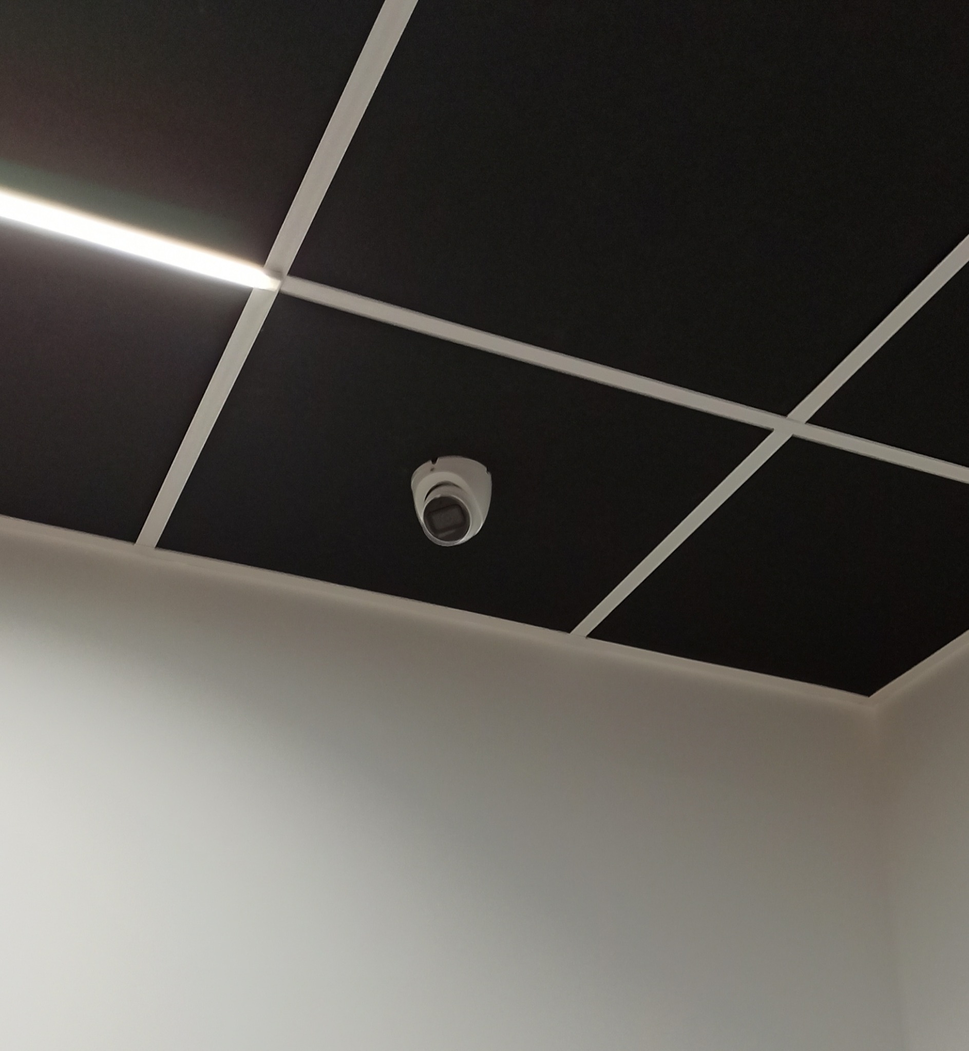 Kamera kopułkowa zamontowana na czarnym suficie kasetonowym z białymi listwami. Widok z dołu na białą ścianę. Oświetlenie LED w jednej z kaset.