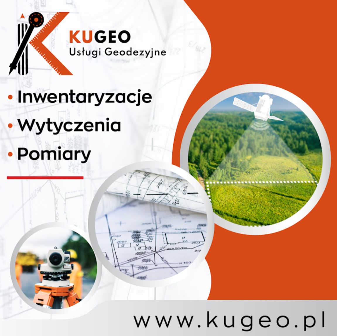 Grafika reklamowa firmy KUGEO świadczącej usługi geodezyjne, prezentująca inwentaryzacje, wytyczenia i pomiary, z użyciem tachimetru, planów i satelity.
