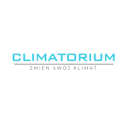 Logo firmy Climatorium z hasłem 'Zmień swój klimat' w kolorze turkusowym na białym tle.