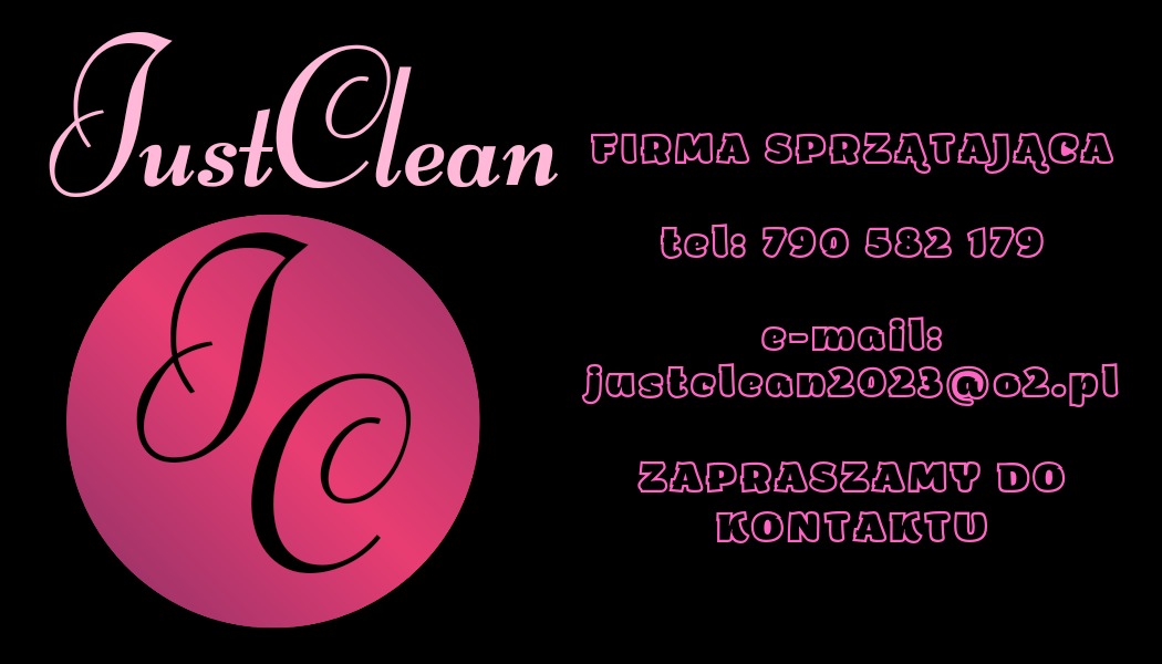 Logo firmy sprzątającej Just Clean z numerem telefonu i adresem e-mail na czarnym tle.