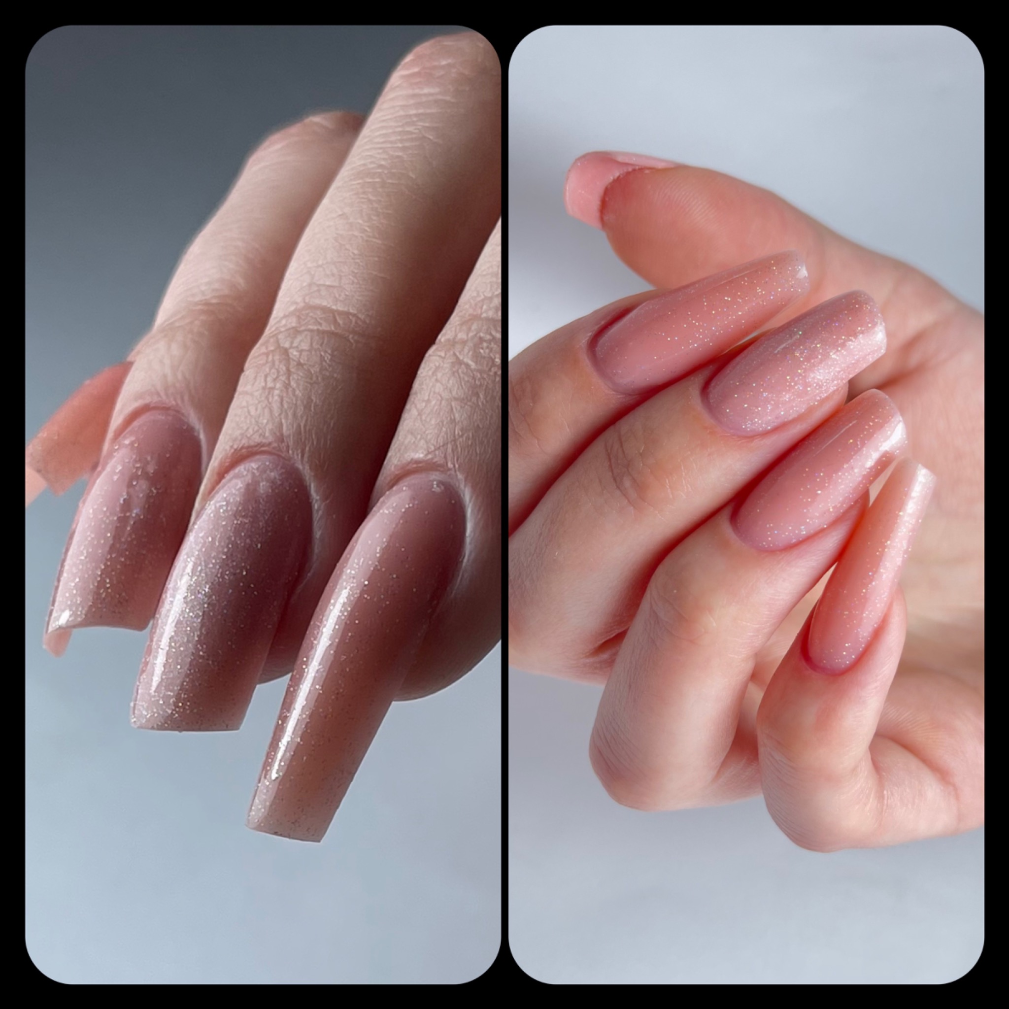 Dwa ujęcia dłoni z długimi, kwadratowymi paznokciami w odcieniach pudrowego różu z delikatnym brokatem, wykonane w technice hybrydowej.