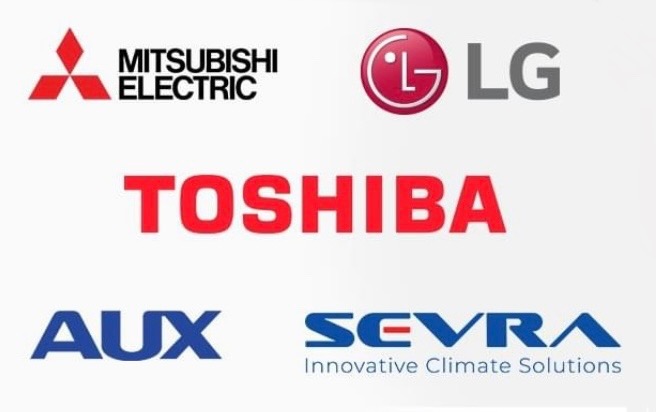 Logotypy producentów urządzeń klimatyzacyjnych: Mitsubishi Electric, LG, Toshiba, AUX, SEVRA.