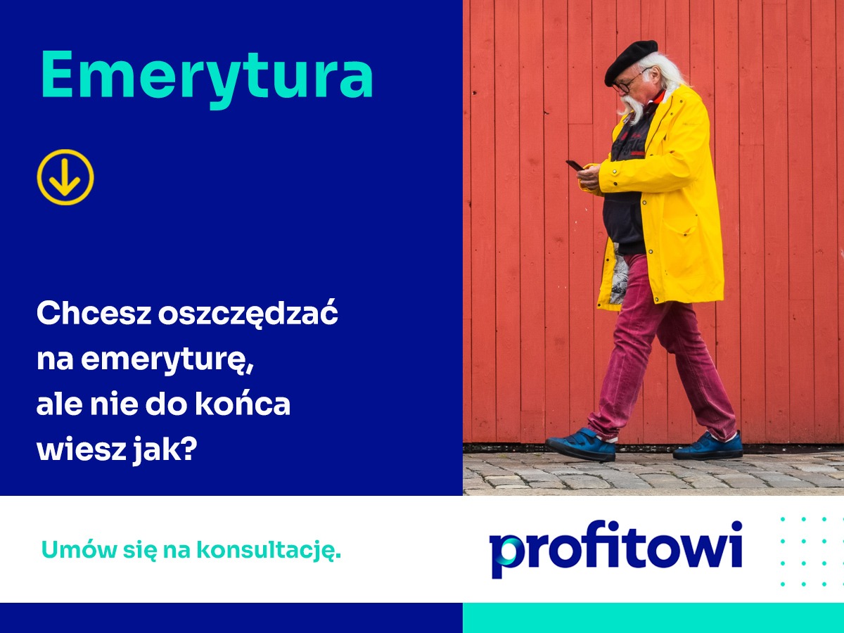 Grafika reklamowa: mężczyzna w żółtym płaszczu i bordowych spodniach idzie ulicą, przeglądając telefon. Po lewej stronie niebieskie tło z napisem 'Emerytura' i pytaniem o oszczędzanie na emeryturę.