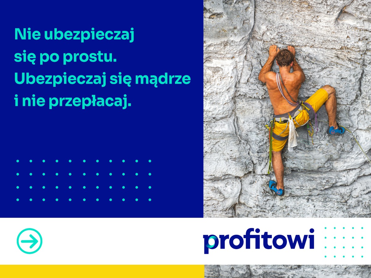 Mężczyzna w uprzęży wspinaczkowej, wspinający się po skalnej ścianie, z tekstem reklamowym po lewej stronie i logo firmy u dołu po prawej.