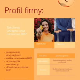 Profil firmy SafetyCare BHP&MED: oferta szkoleń BHP i pierwszej pomocy, z podziałem na szkolenia indywidualne i dla firm. Uśmiechnięta kobieta trzymająca żółte kwiaty na tle czerwonych kwiatów...