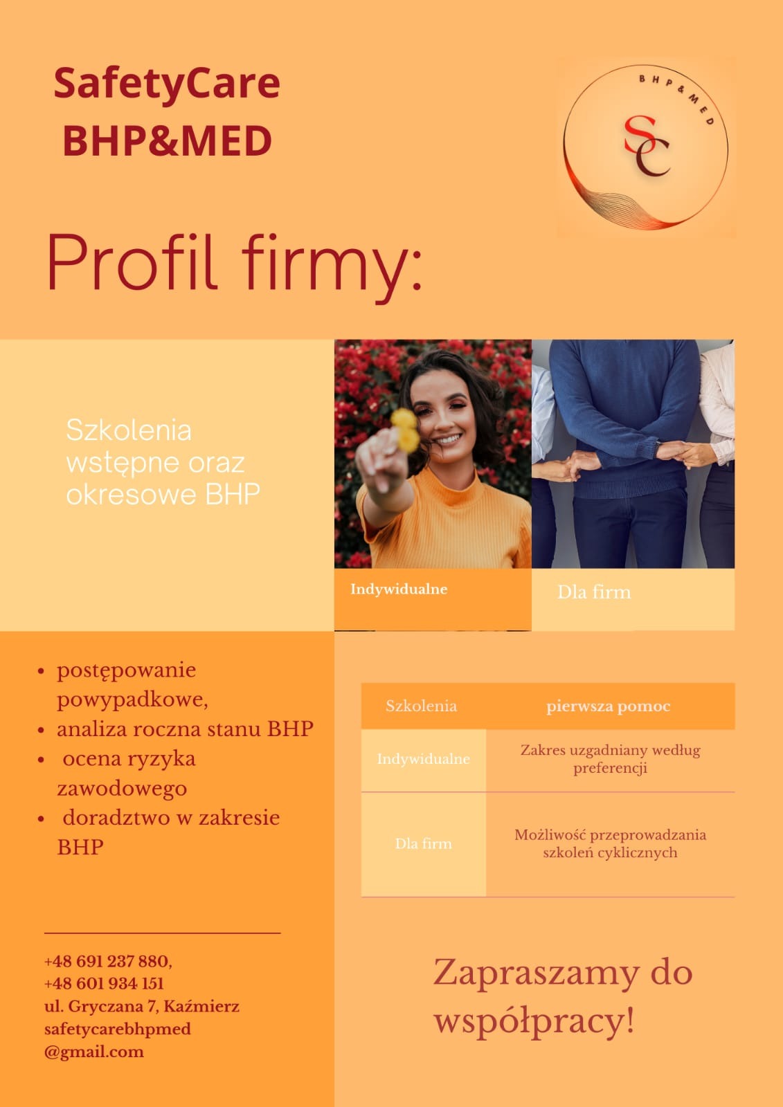 Profil firmy SafetyCare BHP&MED: oferta szkoleń BHP i pierwszej pomocy, z podziałem na szkolenia indywidualne i dla firm. Uśmiechnięta kobieta trzymająca żółte kwiaty na tle czerwonych kwiatów...