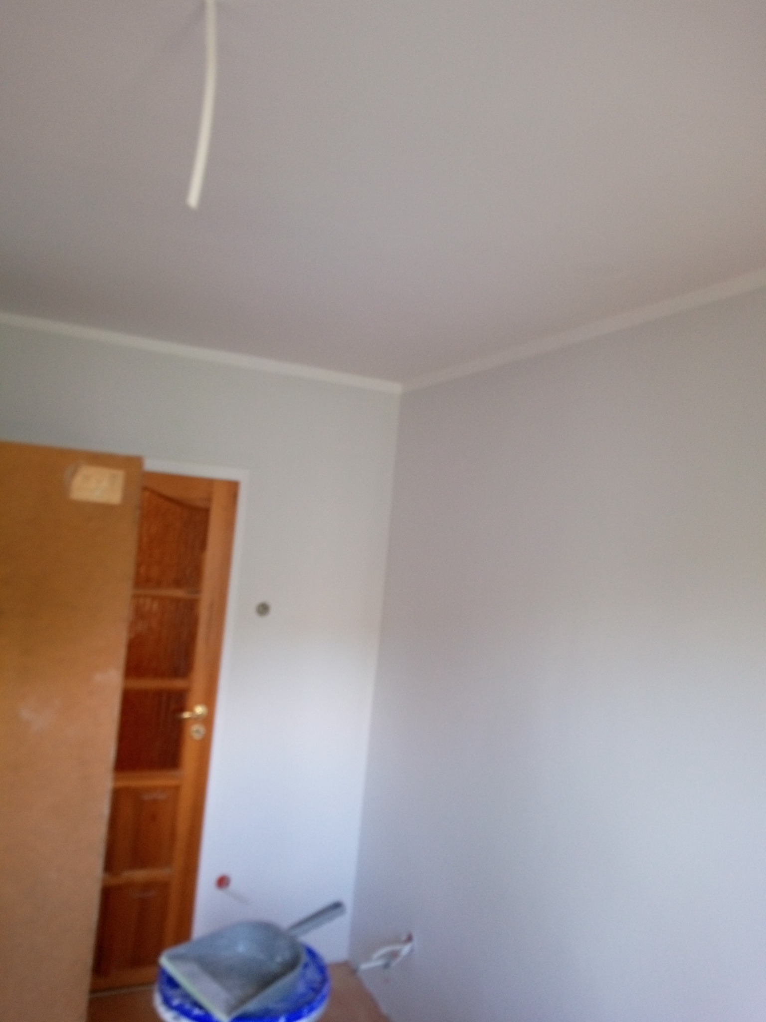 Świeżo pomalowane na szaro ściany w pokoju, widoczny fragment drewnianych drzwi oraz wiadro z farbą i kuweta malarska.