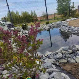 Oczko wodne otoczone szarymi kamieniami, z odbiciem nieba i drzew w wodzie, w tle zielona trawa i metalowe ogrodzenie, na pierwszym planie kwitnący krzew z fioletowymi kwiatami.