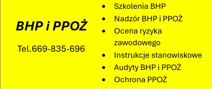 Żółte tło z czarnym tekstem: BHP i PPOŻ, numer telefonu oraz lista usług: szkolenia, nadzór, ocena ryzyka, instrukcje, audyty, ochrona.