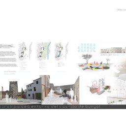FaunPROJEKT - Plansza konkursowa z wizualizacjami i opisami projektu zagospodarowania przestrzeni wokół zamku, zawierająca rzuty, przekroje i perspektywy, z elementami grafiki wektorowej i fotografii, w tym...
