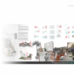 Plansza konkursowa z wizualizacją miejskiej przestrzeni publicznej: projekt placu z zielenią, schodami i elementami małej architektury, uzupełniona o szkice koncepcyjne i wizualizacje detali.