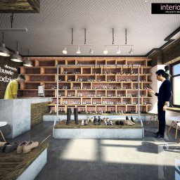 FaunPROJEKT - Wizualizacja wnętrza sklepu obuwniczego z drewnianymi elementami, regałami wypełnionymi obuwiem i dwoma mężczyznami: jeden za ladą, drugi przeglądający ofertę. Podłoga z szarego betonu polerowanego...