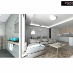 Wizualizacja wnętrza mieszkania: łazienka z turkusową umywalką na drewnianym blacie, toaleta i marmurowe płytki zestawione z patchworkową mozaiką, obok salon z beżową sofą, drewnianą podłogą...