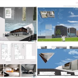 FaunPROJEKT - Plansza konkursowa z wizualizacjami i rzutami budynku galerii sztuki współczesnej, prezentująca elewacje, plany zagospodarowania terenu i przekroje, z widocznymi detalami architektonicznymi...