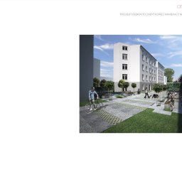 FaunPROJEKT - Wizualizacja projektu remontu zabytkowej kamienicy z zagospodarowaniem otoczenia: budynek w jasnej kolorystyce, plac z ławkami, drzewami i rowerzystą.
