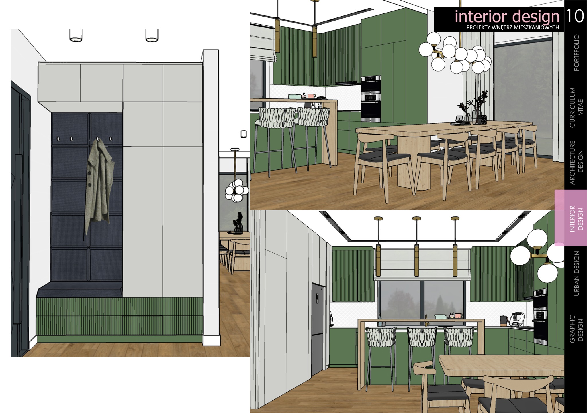 Wizualizacja projektu wnętrza mieszkania: przedpokój z siedziskiem i wieszakami na ubrania, kuchnia z zielonymi szafkami i wyspą z hokerami, stół jadalny z krzesłami, nowoczesne oświetlenie.