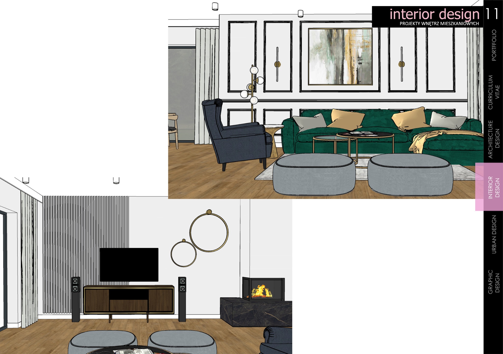 Wizualizacja wnętrza mieszkania: zielona sofa, szary fotel, pufy, kominek, telewizor i dekoracyjne elementy, w stylu nowoczesnej elegancji.