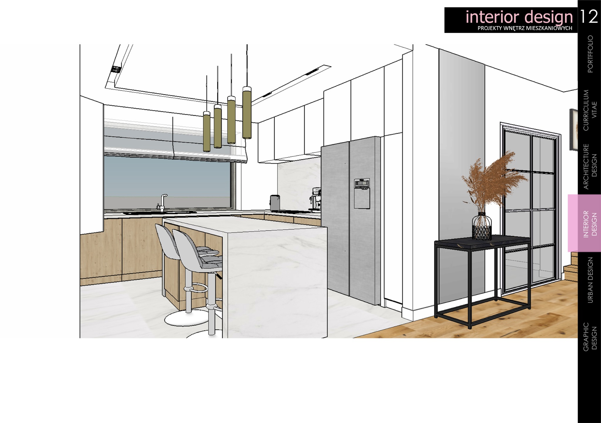 Szkic 3D wnętrza kuchni z wyspą, nowoczesne krzesła barowe, minimalistyczne lampy wiszące i marmurowy blat. Widoczna lodówka w zabudowie i dekoracyjny stolik z wazonem.