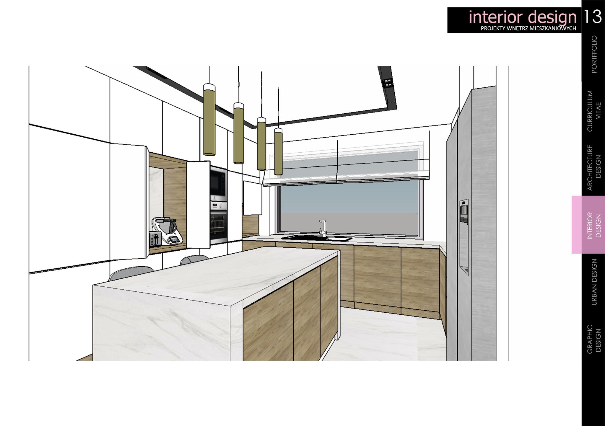 Wizualizacja 3D nowoczesnej kuchni z wyspą, drewnianymi szafkami i marmurowym blatem, oświetlona wiszącymi lampami cylindrycznymi.