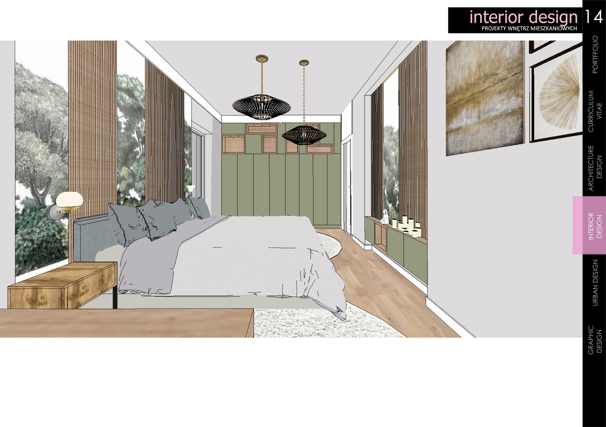 Wizualizacja sypialni w stylu minimalistycznym z dużym oknem, drewnianymi lamelami i lampami wiszącymi o ażurowym designie, prezentująca projekt wnętrza.