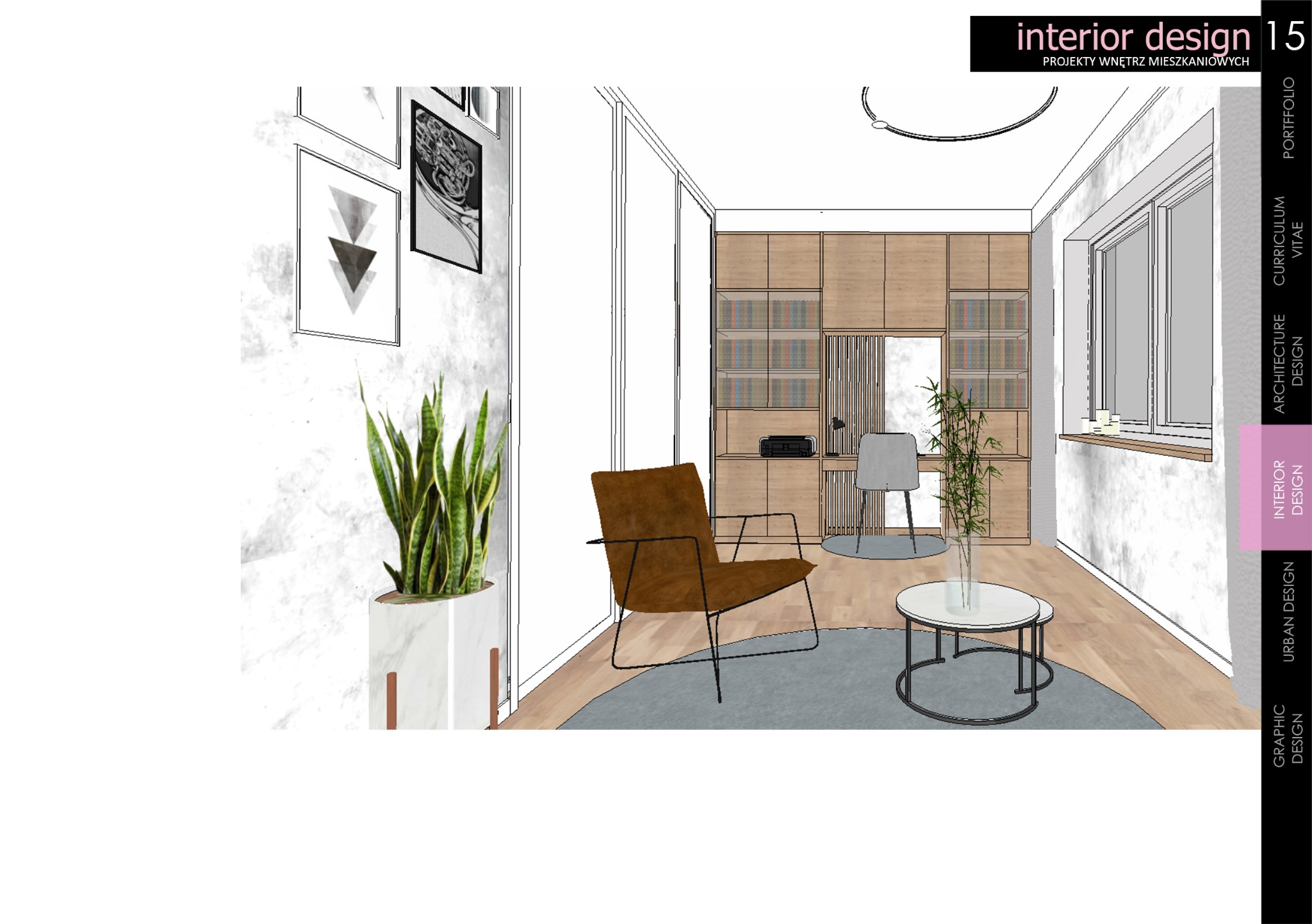 Wizualizacja pokoju biurowego z brązowym fotelem, okrągłym stolikiem, roślinami w donicach i regałem z książkami w tle.