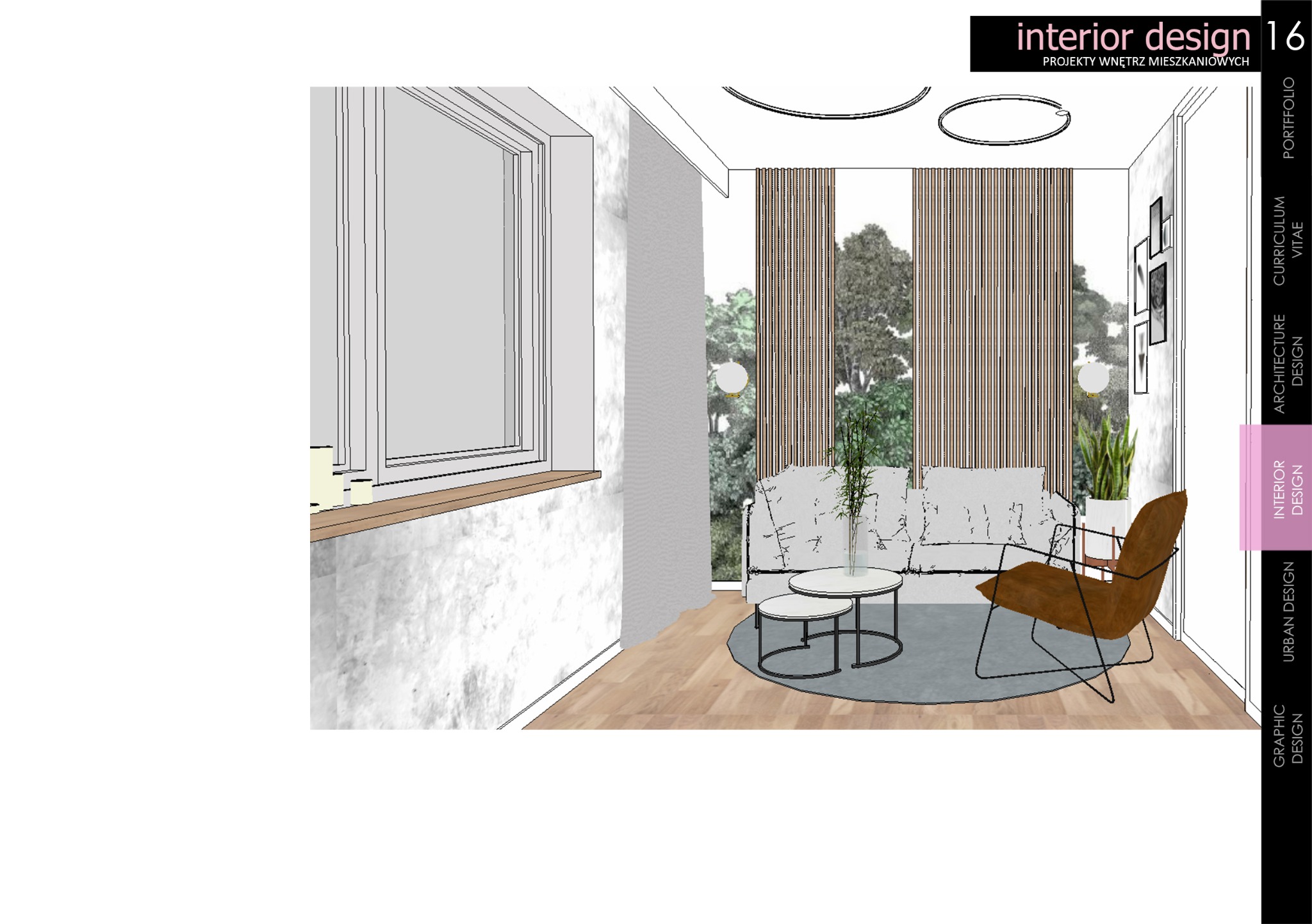 Wizualizacja salonu z dużym oknem, zasłonami z pionowych listew, szarą sofą, okrągłymi stolikami kawowymi i brązowym fotelem na tle zieleni za oknem.